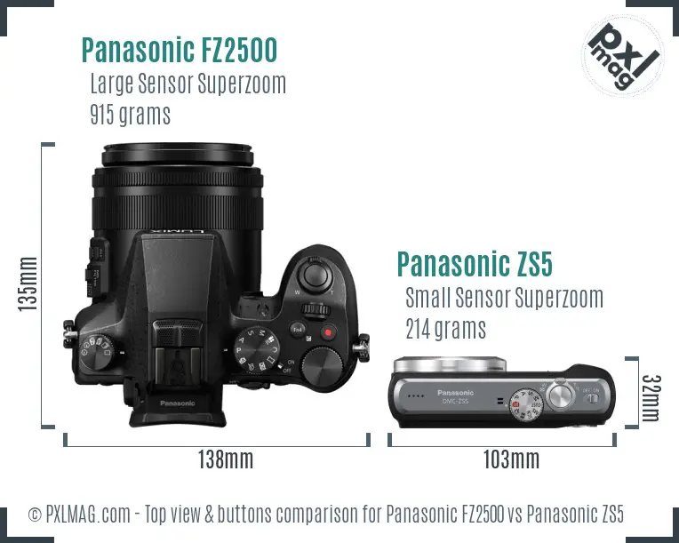 Panasonic FZ2500 vs Panasonic ZS5 top view buttons comparison