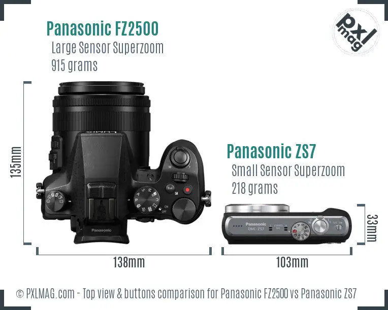 Panasonic FZ2500 vs Panasonic ZS7 top view buttons comparison