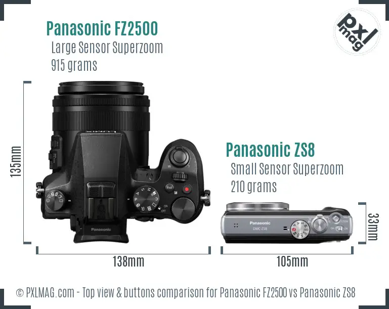 Panasonic FZ2500 vs Panasonic ZS8 top view buttons comparison
