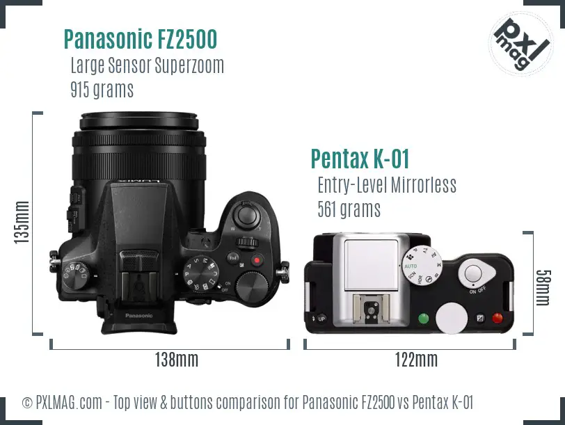Panasonic FZ2500 vs Pentax K-01 top view buttons comparison