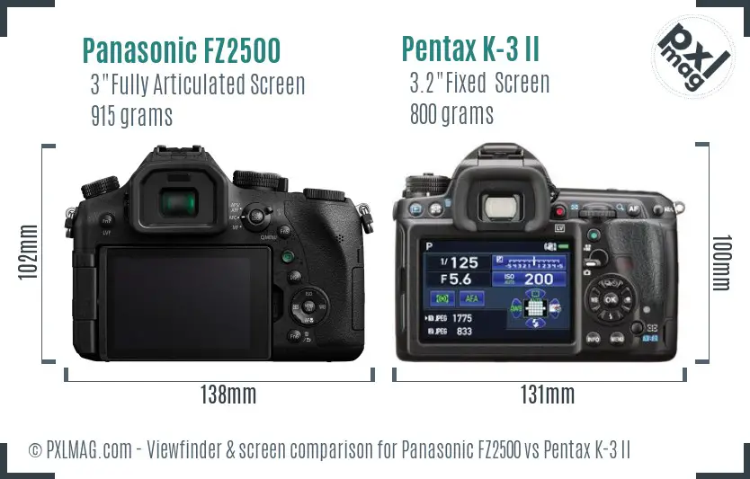 Panasonic FZ2500 vs Pentax K-3 II Screen and Viewfinder comparison
