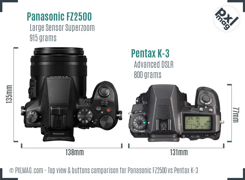 Panasonic FZ2500 vs Pentax K-3 top view buttons comparison