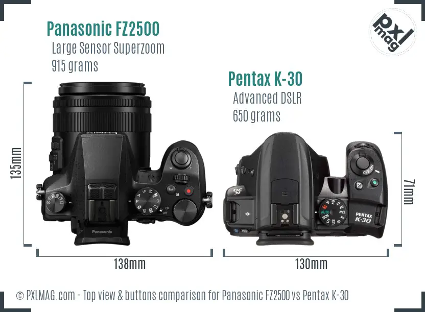 Panasonic FZ2500 vs Pentax K-30 top view buttons comparison