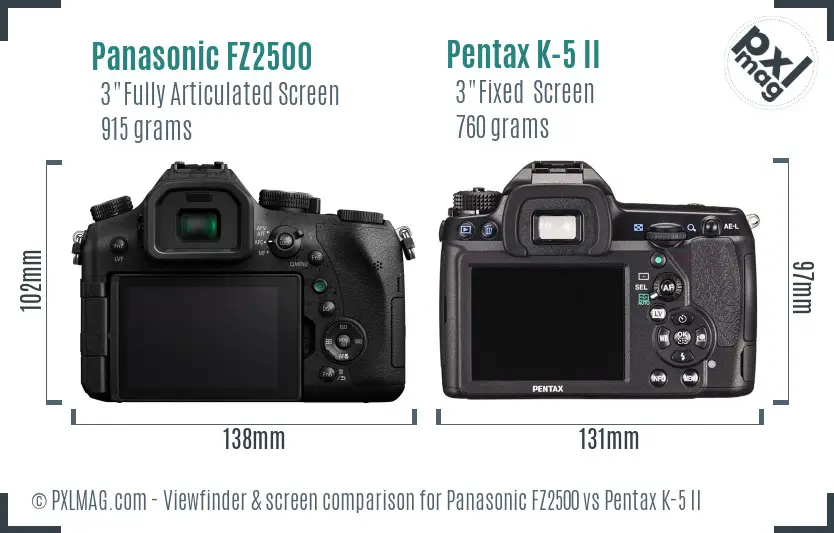 Panasonic FZ2500 vs Pentax K-5 II Screen and Viewfinder comparison
