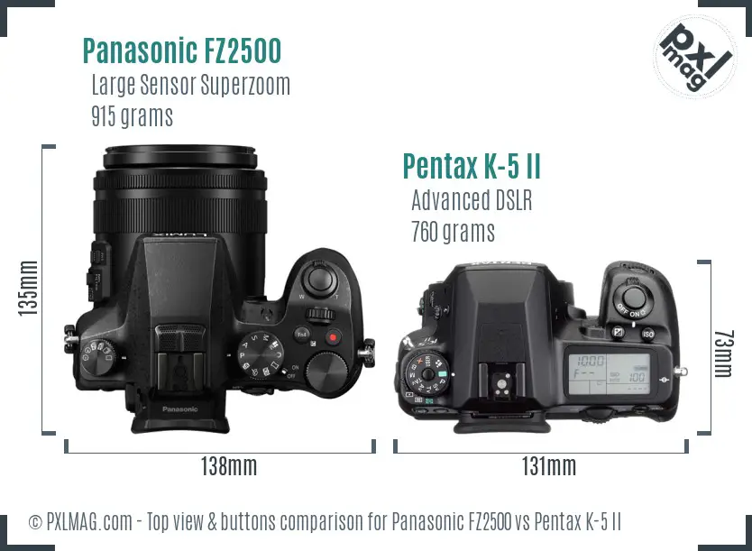 Panasonic FZ2500 vs Pentax K-5 II top view buttons comparison