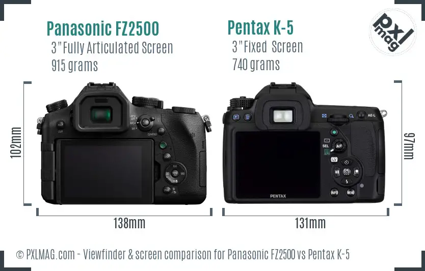 Panasonic FZ2500 vs Pentax K-5 Screen and Viewfinder comparison
