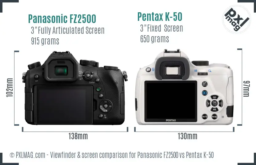 Panasonic FZ2500 vs Pentax K-50 Screen and Viewfinder comparison