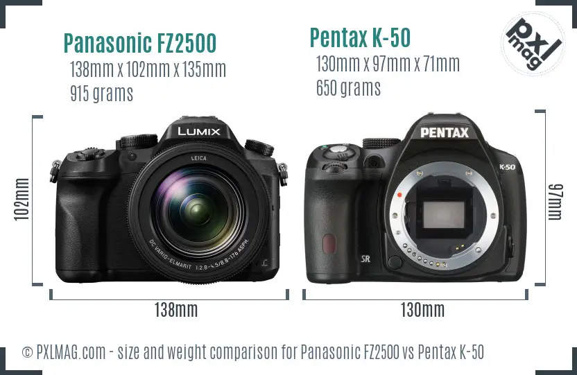 Panasonic FZ2500 vs Pentax K-50 size comparison
