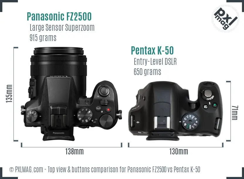 Panasonic FZ2500 vs Pentax K-50 top view buttons comparison