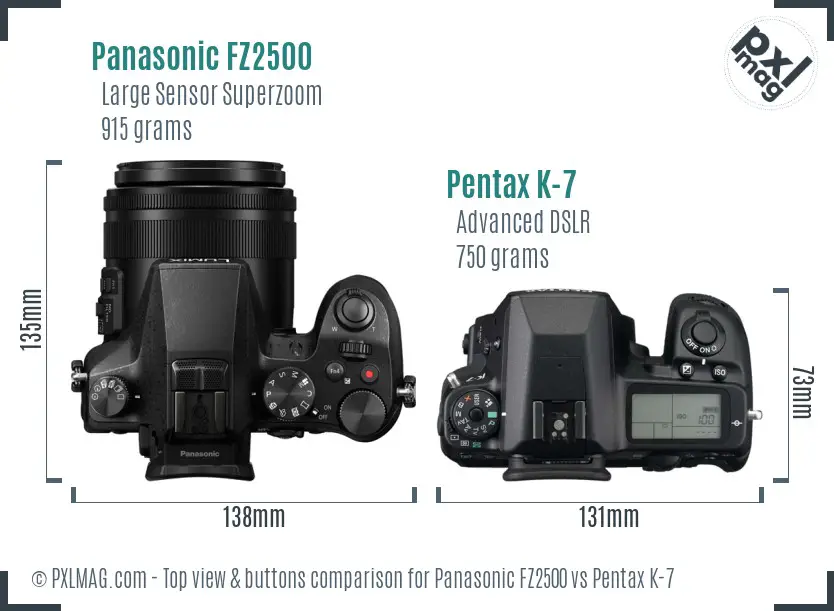 Panasonic FZ2500 vs Pentax K-7 top view buttons comparison