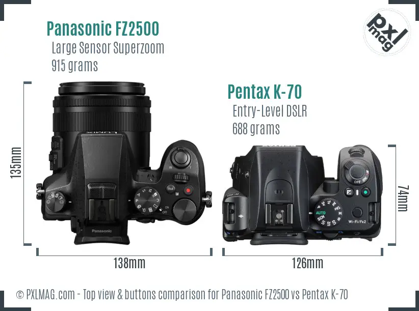 Panasonic FZ2500 vs Pentax K-70 top view buttons comparison