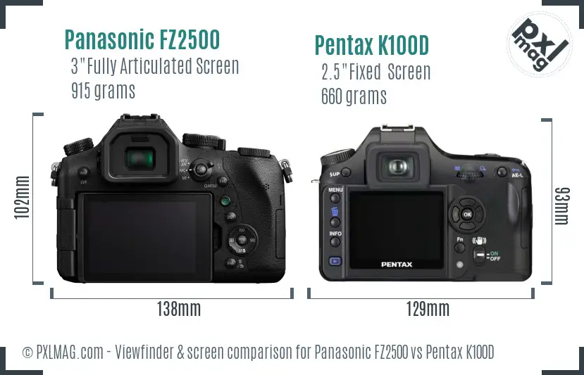 Panasonic FZ2500 vs Pentax K100D Screen and Viewfinder comparison