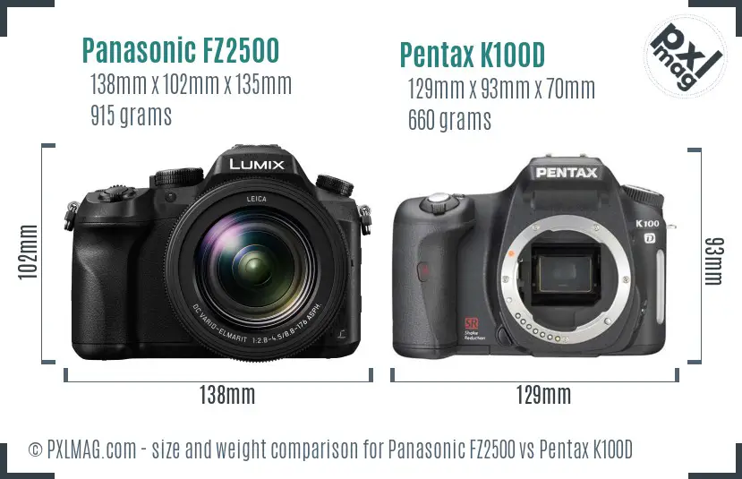 Panasonic FZ2500 vs Pentax K100D size comparison