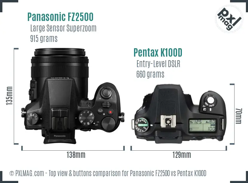 Panasonic FZ2500 vs Pentax K100D top view buttons comparison