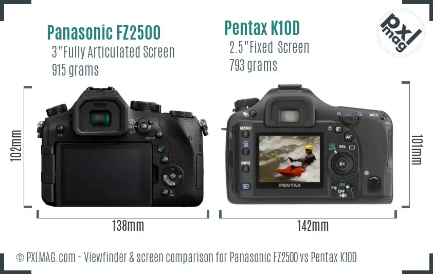 Panasonic FZ2500 vs Pentax K10D Screen and Viewfinder comparison