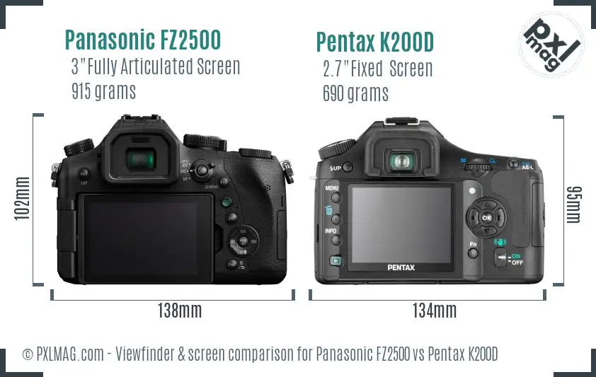 Panasonic FZ2500 vs Pentax K200D Screen and Viewfinder comparison