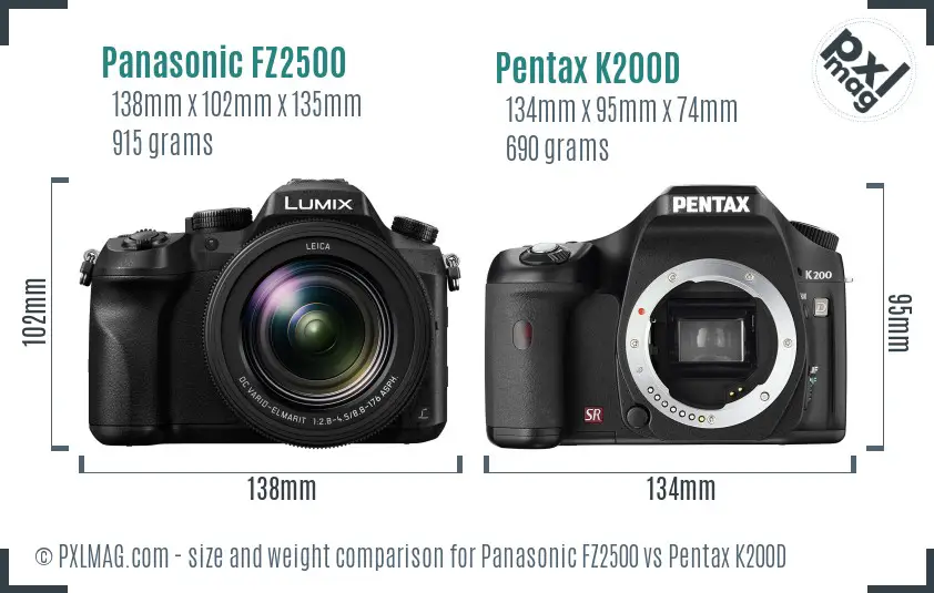 Panasonic FZ2500 vs Pentax K200D size comparison