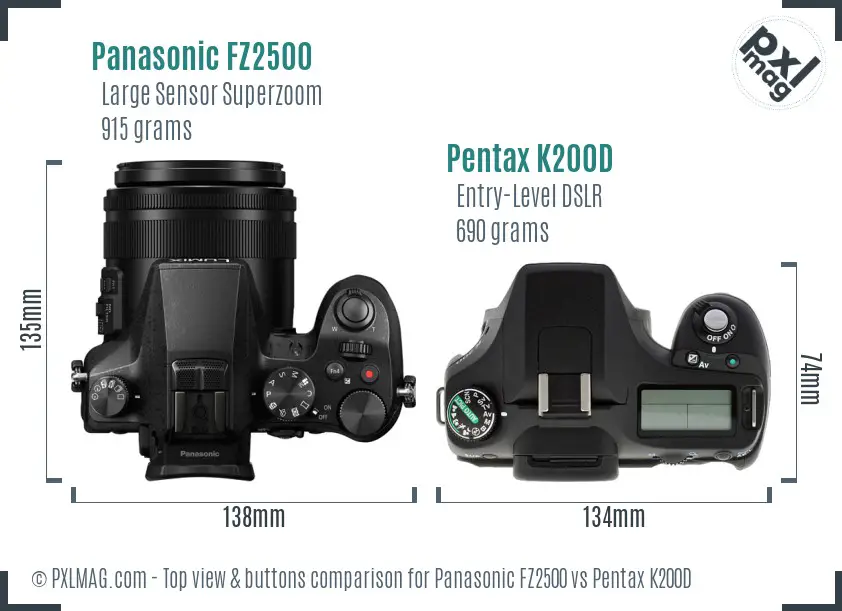 Panasonic FZ2500 vs Pentax K200D top view buttons comparison