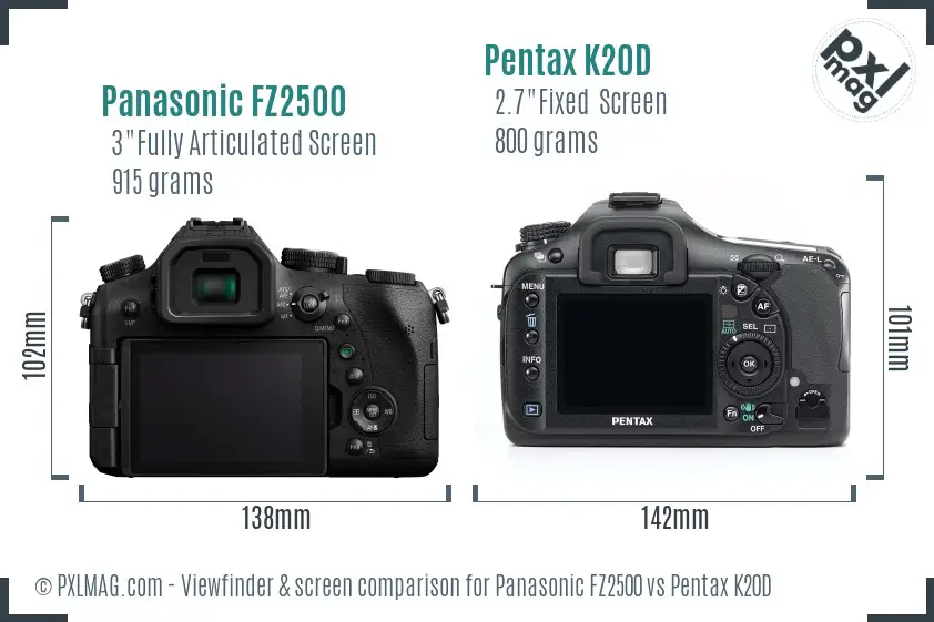 Panasonic FZ2500 vs Pentax K20D Screen and Viewfinder comparison