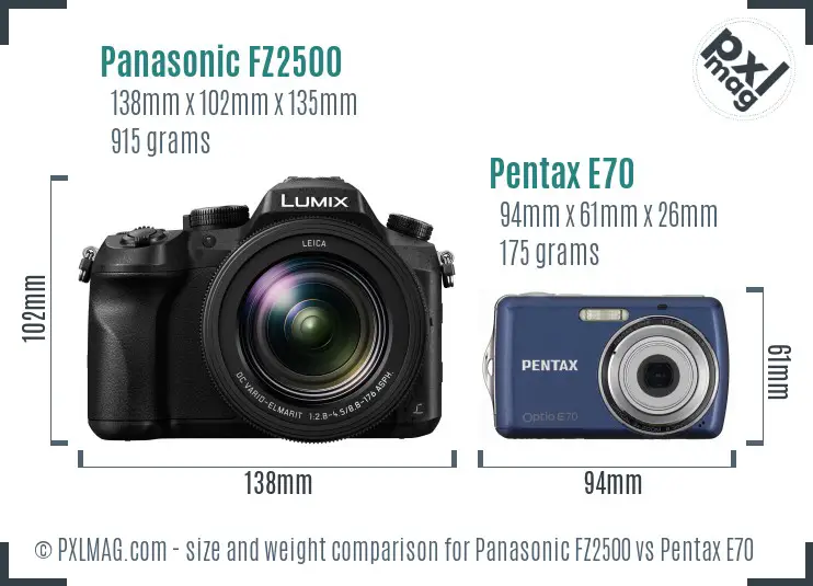 Panasonic FZ2500 vs Pentax E70 size comparison