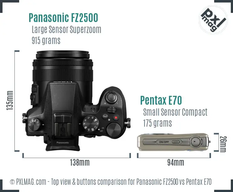 Panasonic FZ2500 vs Pentax E70 top view buttons comparison