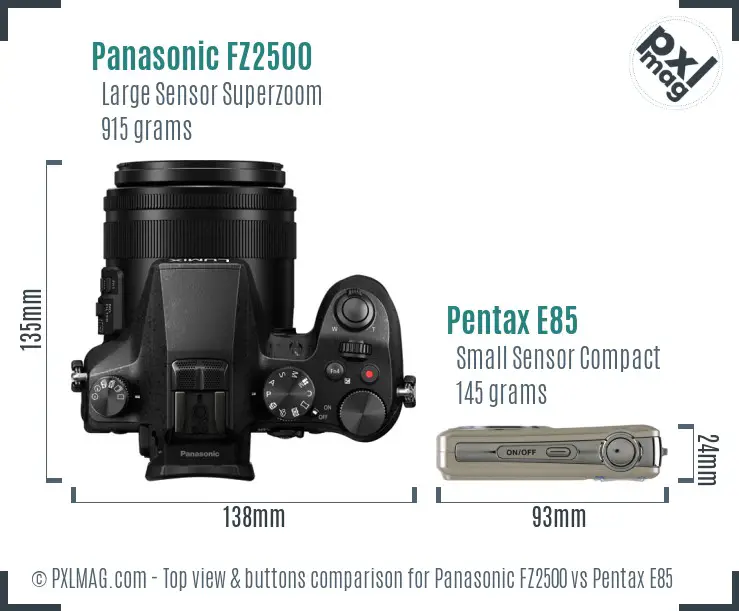 Panasonic FZ2500 vs Pentax E85 top view buttons comparison
