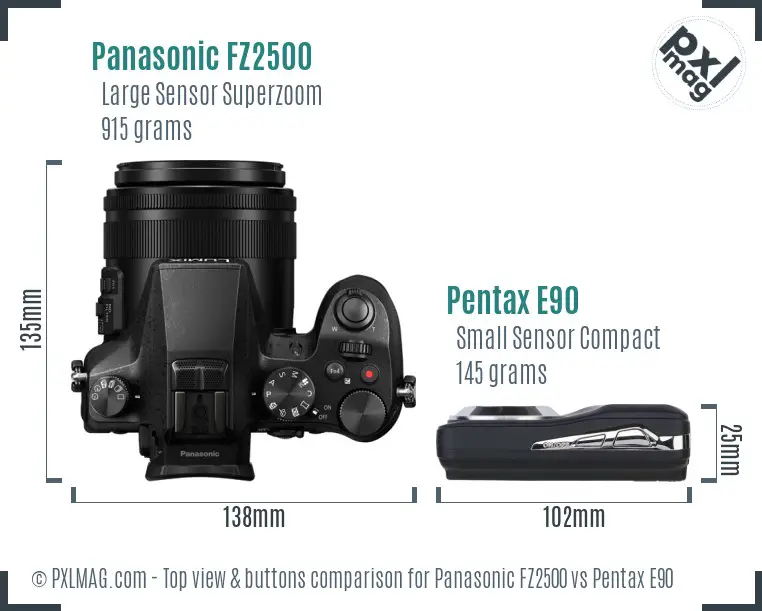 Panasonic FZ2500 vs Pentax E90 top view buttons comparison