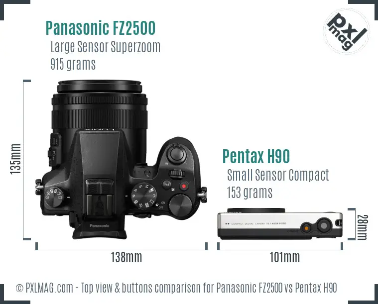 Panasonic FZ2500 vs Pentax H90 top view buttons comparison