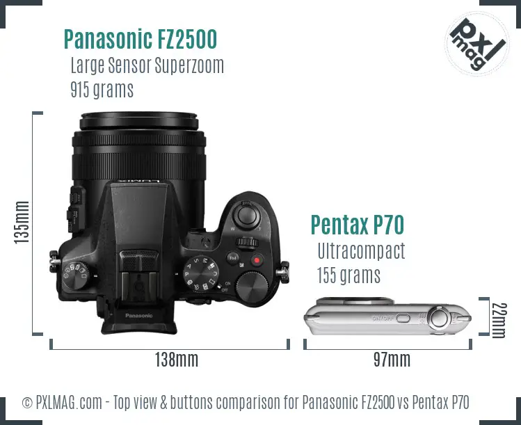 Panasonic FZ2500 vs Pentax P70 top view buttons comparison