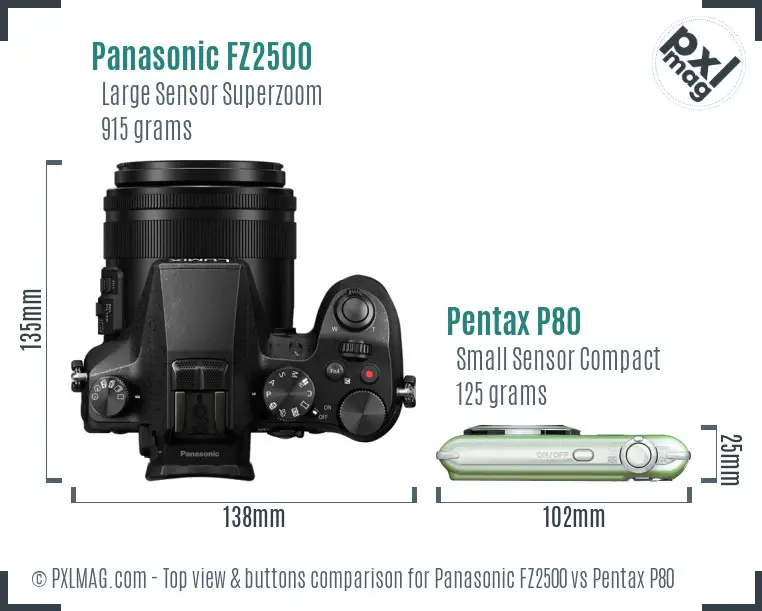 Panasonic FZ2500 vs Pentax P80 top view buttons comparison