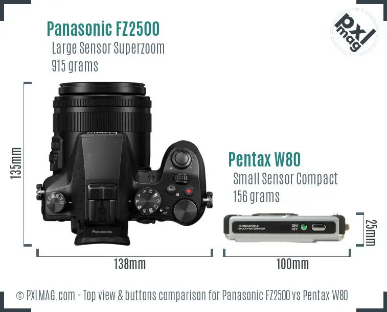 Panasonic FZ2500 vs Pentax W80 top view buttons comparison