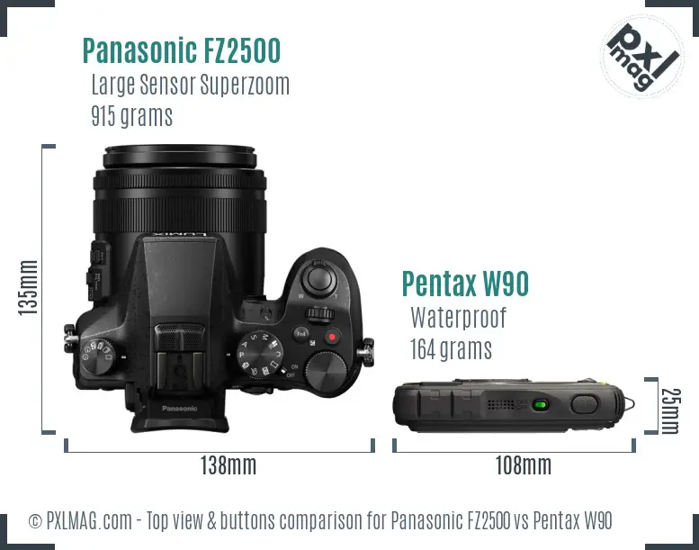 Panasonic FZ2500 vs Pentax W90 top view buttons comparison