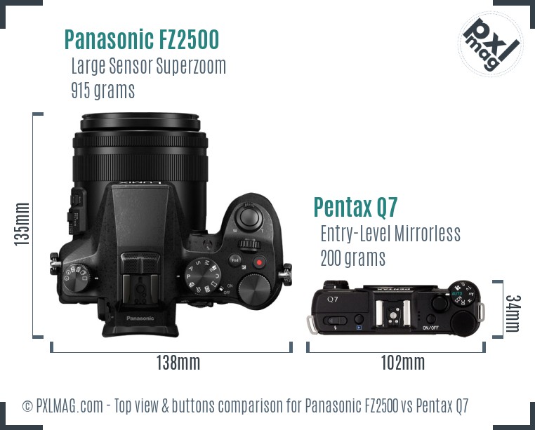 Panasonic FZ2500 vs Pentax Q7 top view buttons comparison