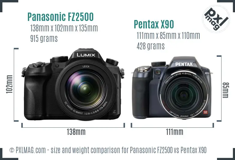 Panasonic FZ2500 vs Pentax X90 size comparison