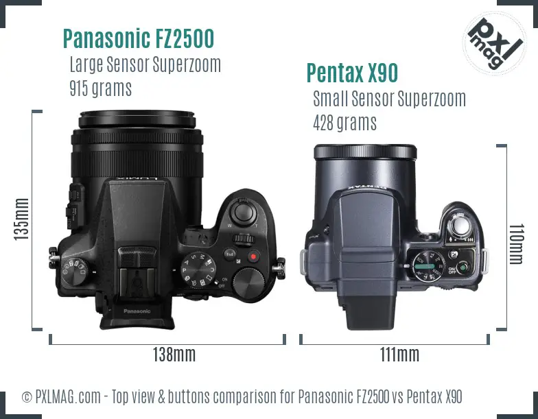 Panasonic FZ2500 vs Pentax X90 top view buttons comparison