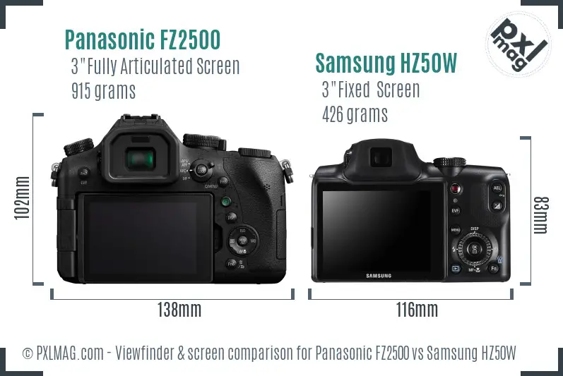 Panasonic FZ2500 vs Samsung HZ50W Screen and Viewfinder comparison