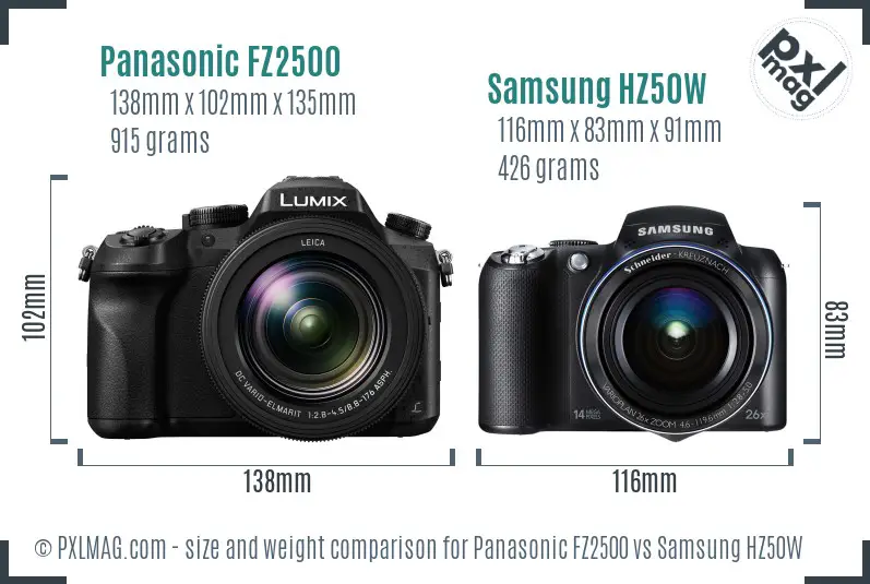 Panasonic FZ2500 vs Samsung HZ50W size comparison