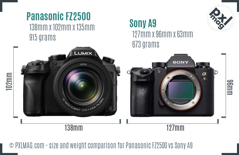 Panasonic FZ2500 vs Sony A9 size comparison