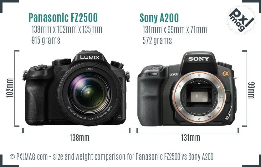 Panasonic FZ2500 vs Sony A200 size comparison
