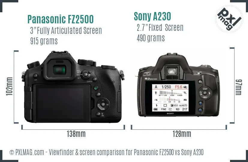 Panasonic FZ2500 vs Sony A230 Screen and Viewfinder comparison