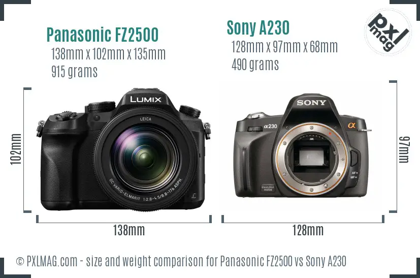 Panasonic FZ2500 vs Sony A230 size comparison