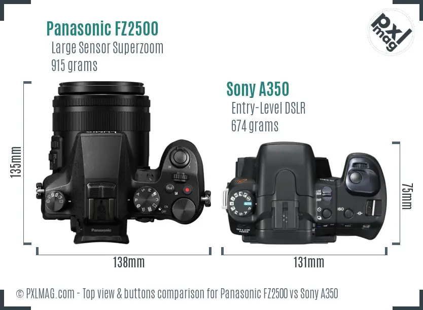 Panasonic FZ2500 vs Sony A350 top view buttons comparison Panasonic FZ2500 vs Sony A350 top view buttons comparison