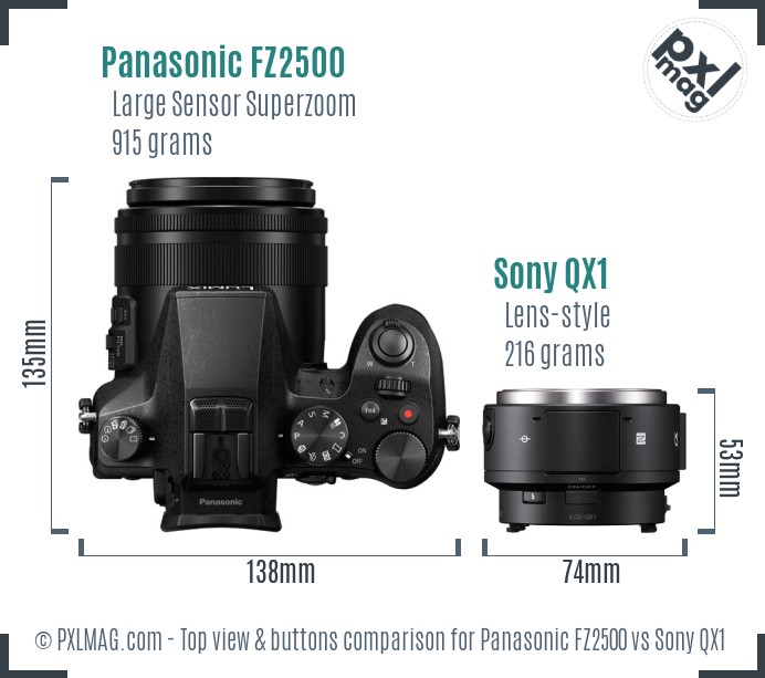 Panasonic FZ2500 vs Sony QX1 top view buttons comparison