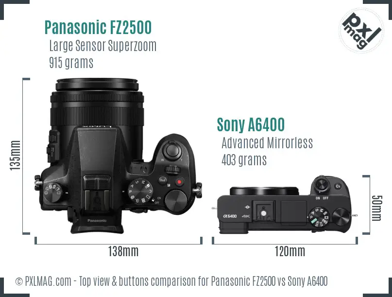 Panasonic FZ2500 vs Sony A6400 top view buttons comparison Panasonic FZ2500 vs Sony A6400 top view buttons comparison