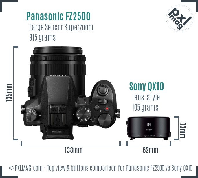 Panasonic FZ2500 vs Sony QX10 top view buttons comparison