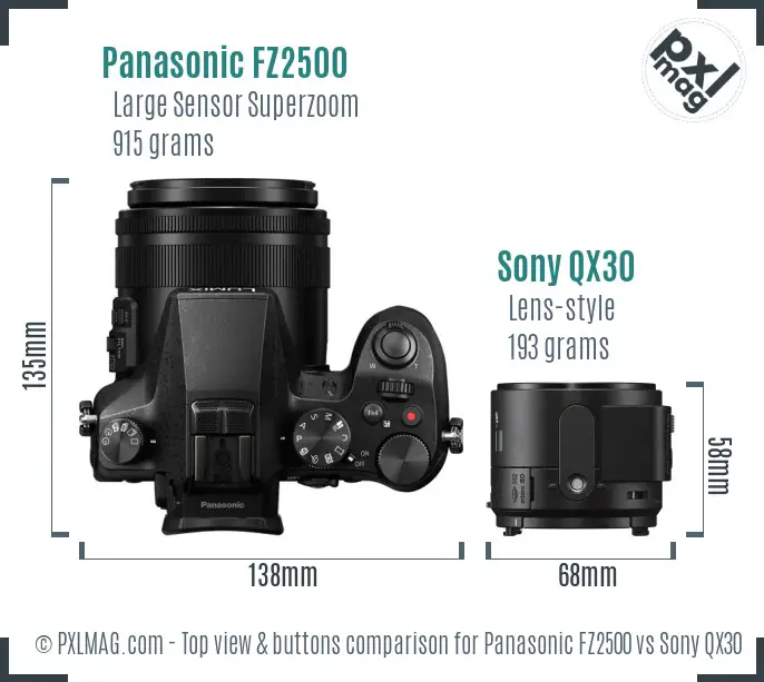 Panasonic FZ2500 vs Sony QX30 top view buttons comparison