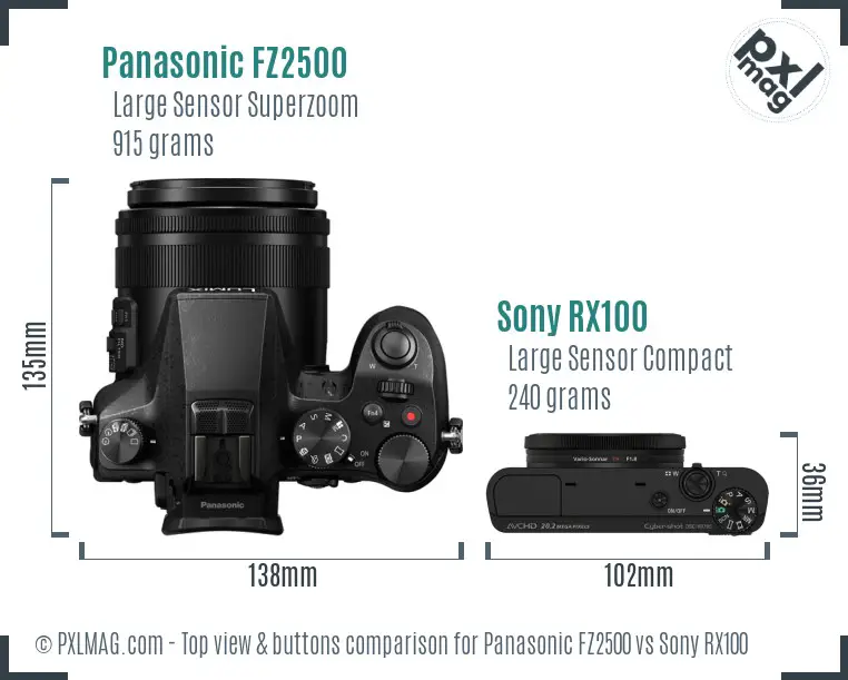 Panasonic FZ2500 vs Sony RX100 top view buttons comparison Panasonic FZ2500 vs Sony RX100 top view buttons comparison