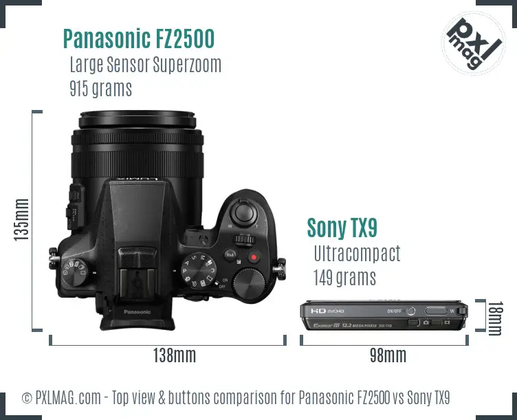 Panasonic FZ2500 vs Sony TX9 top view buttons comparison
