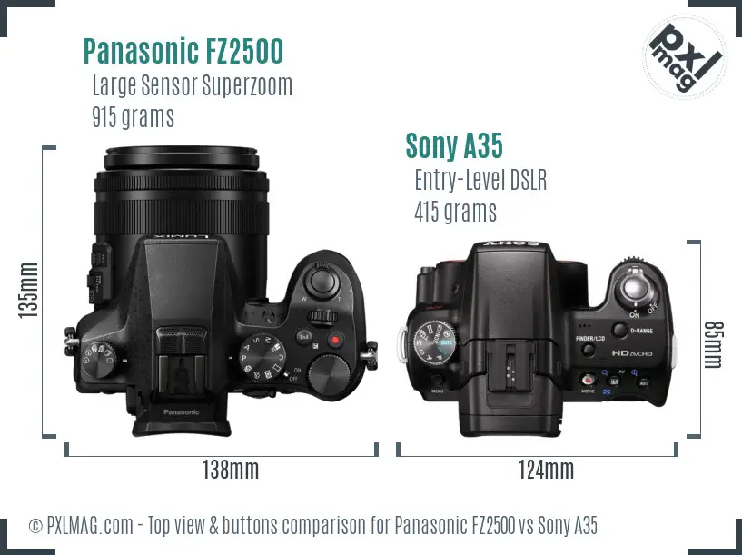 Panasonic FZ2500 vs Sony A35 top view buttons comparison Panasonic FZ2500 vs Sony A35 top view buttons comparison