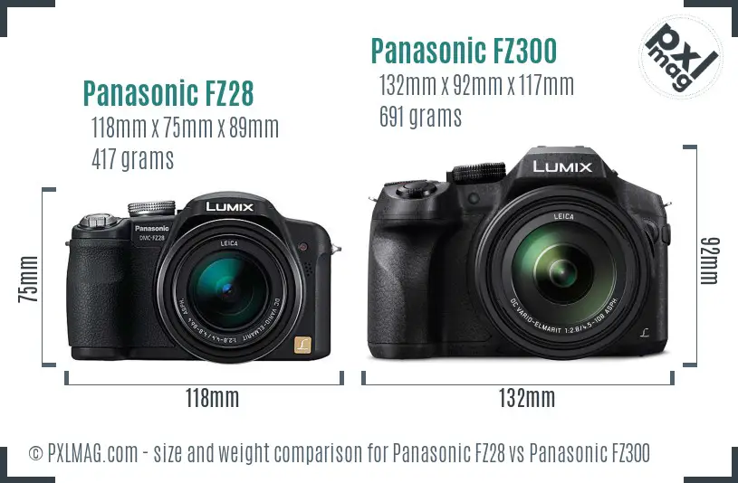Panasonic FZ28 vs Panasonic FZ300 size comparison